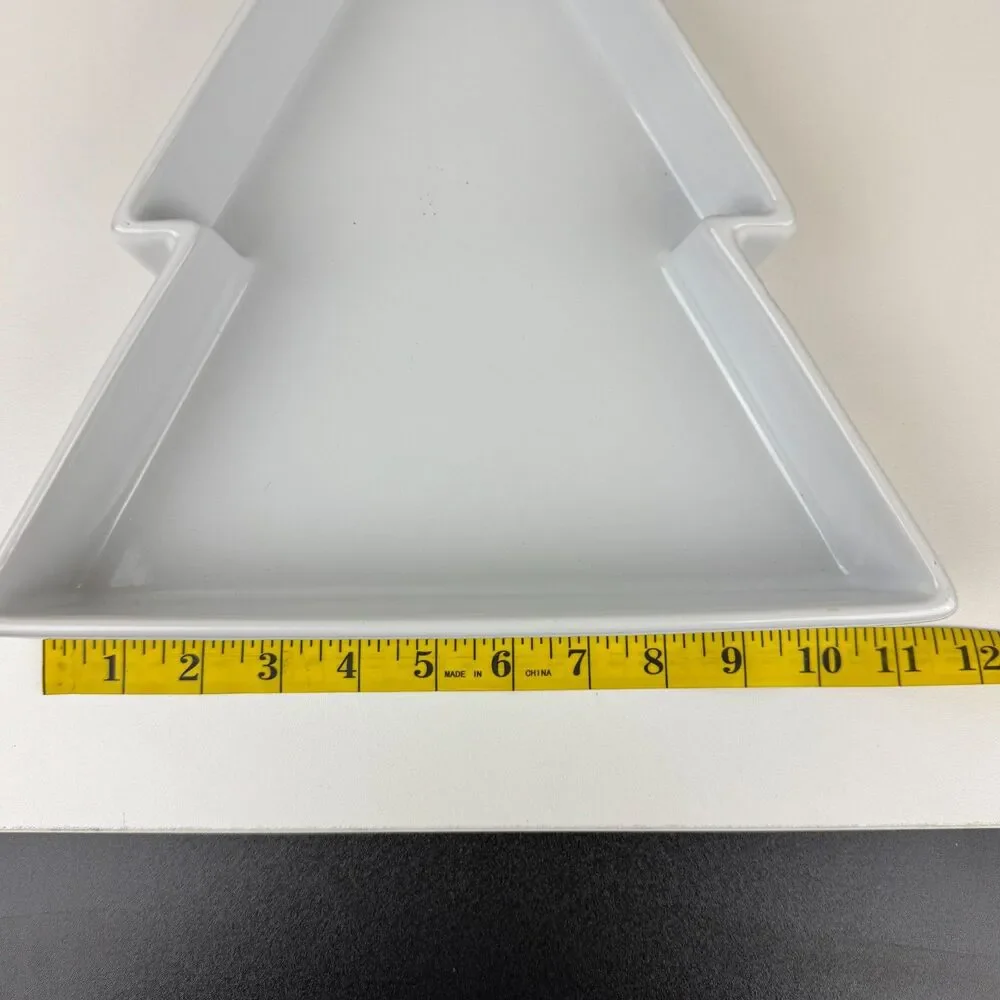 Crate & Barrel White Ceramic Christmas Pine Tree Serving Dish Platter Tray NEW